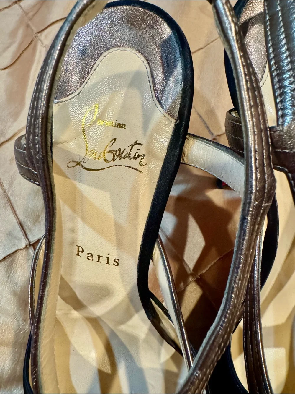 Christian Louboutin Black and Bronze Peep-Toe Slingback Heels